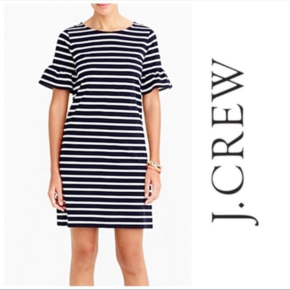 J.‎ Crew Cotton Stripes Ruffle Short Sleeve Black & White Shirt Dress XS